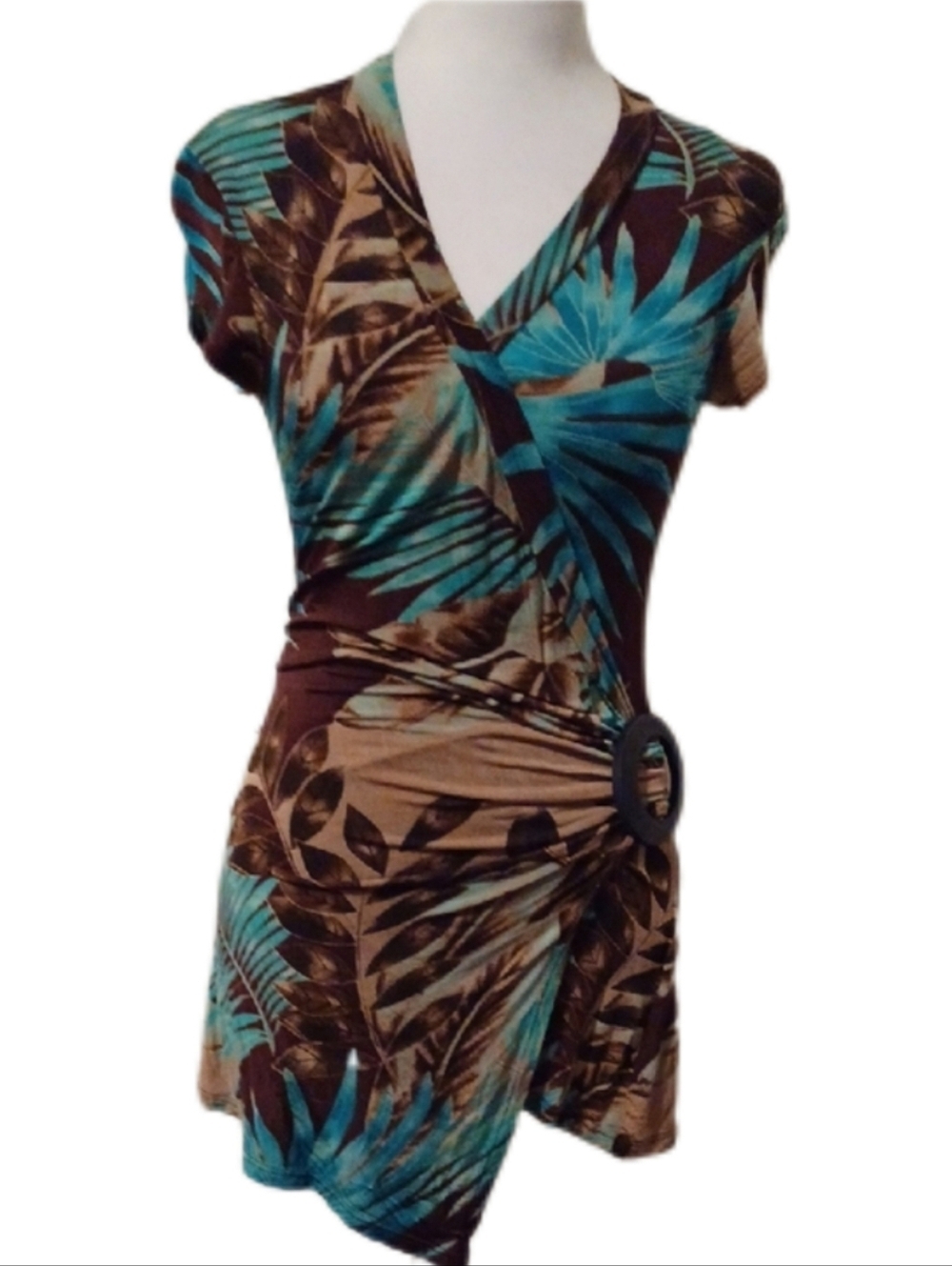 << Cache Tropical Wrap Top in Teal, Brown & Tan Women's Size Small
